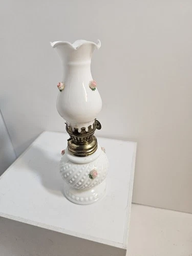 Vintage Small White Milk Glass Oil Lamp With Pink Flowers Roses.  Japan