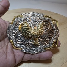 Western-style rooster belt buckle silver gold-toned ornate floral filigree back