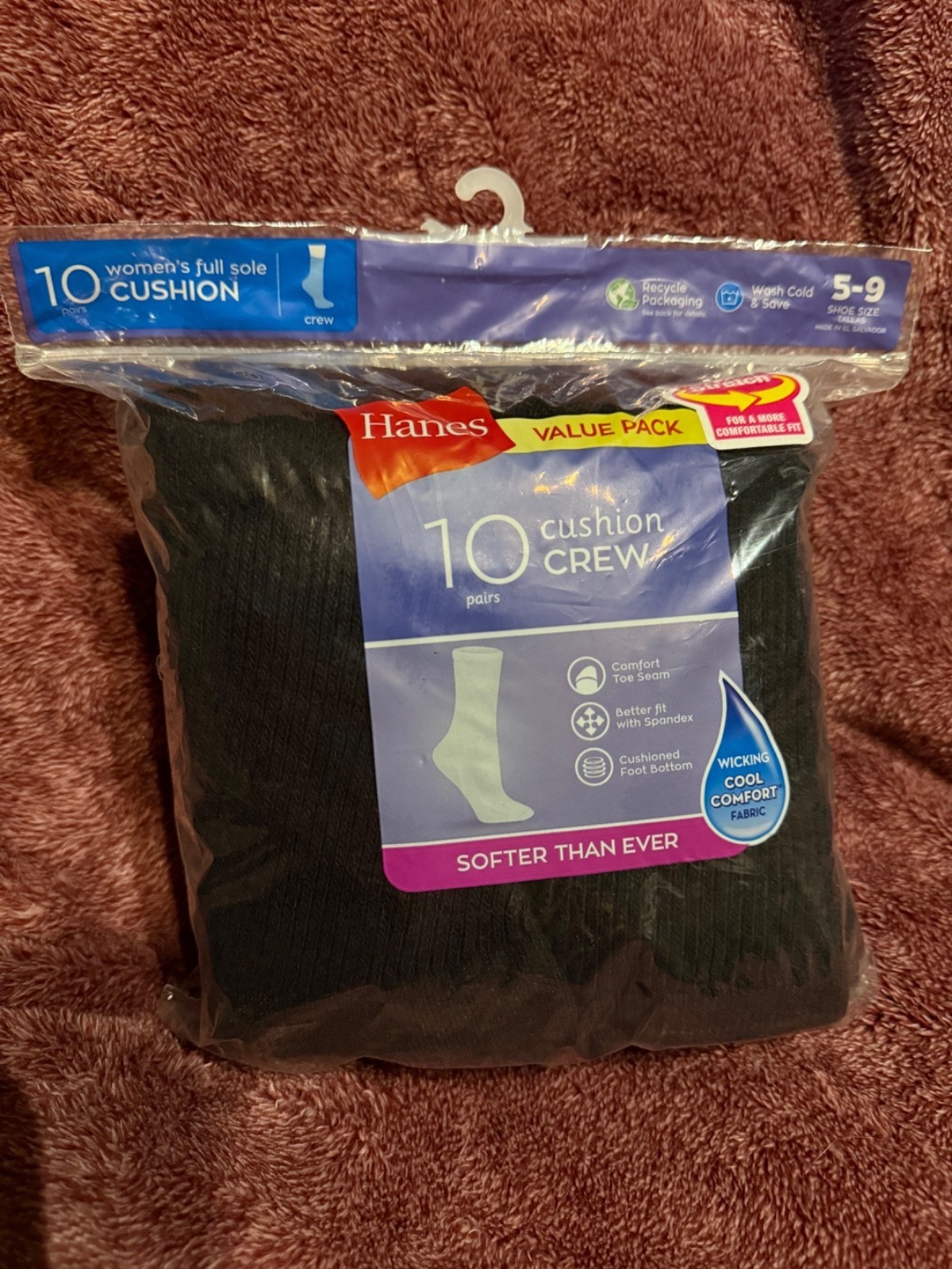SAOLA Hanes Confezione da 10 Calze Crew Donna Suola Completa Cuscino Taglia 5 9 Nere Nuove con scatola