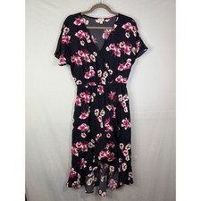 J.Crew Floral Wrap Midi Dress Womens XS Navy Pink Ruffle High-Low V-Neck Flutter