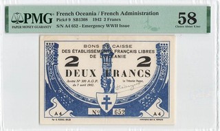 French Oceania 2 Francs 1942 P 9 PMG 58