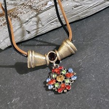 Rustic Antique Bronze Rhinestones Geometric Pendant Necklace Vegan Leather