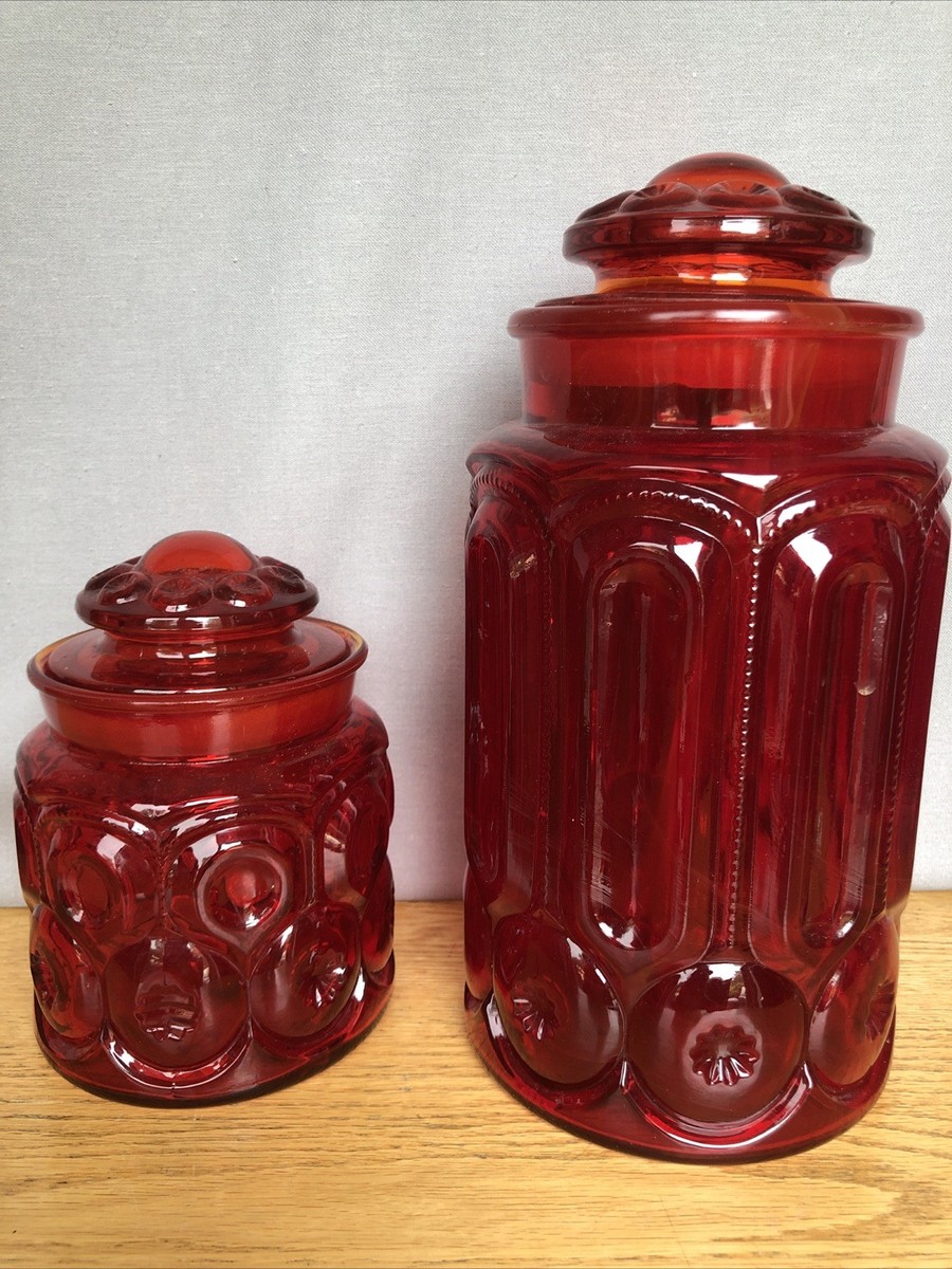 2 Moon & Stars Amberina Orange Red Vintage LE Smith Glass Canister