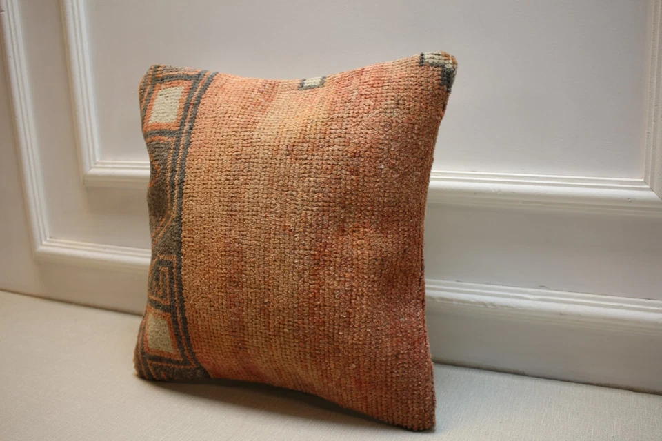 Vintage Turkish Kilim Pillow Cover 16x16 – Handmade Orange Brown Tribal Cushion - Image 3 of 4