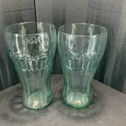 Coca-Cola Set of 2 Green Glasses 20oz Embossed Logo Bell Shaped Vintage