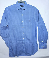 Ralph Lauren Shirt Mens 15'' Collar 38 Blue Check Custom Fit Smart Casual Pony