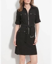 MICHAEL KORS Sz XL Black Roll Tab Sleeve Zip Front Utility Shirt Dress w/Belt