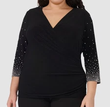 MSK Womens' Black Surplice V-Neck Beaded-Sleeve Knit Blouse Top Plus Size 1X