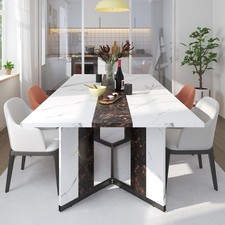 6 ft Large Modern Rectangular Dining Table for 6-8 People White Faux Marble Fin