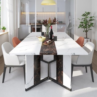 6 ft Large Modern Rectangular Dining Table for 6-8 People White Faux Marble Fin