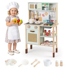 Kids Play Kitchen Wooden Pretend Kitchen Playset with Rattan Doors Wood Legs