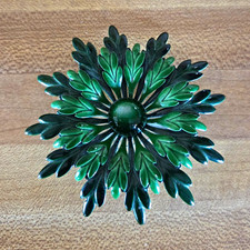Green Enamel Metal Flower Starburst Brooch Approximately 3"