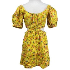 BILLABONG Womens Dress (L) Yellow Floral Puff Sleeve Cut Out Mini Surfer Skate