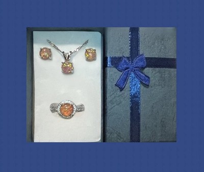 DEAL! Stunning Orange Fire Opal Necklace, Earrings, & CZ Halo Ring Size 9 Set