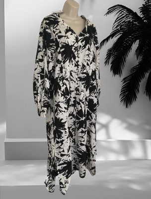 Next Größe 12 Trapez einfarbig langes Kleid Seitenschlitze V-Ausschnitt schwarz weiß UVP 38 £