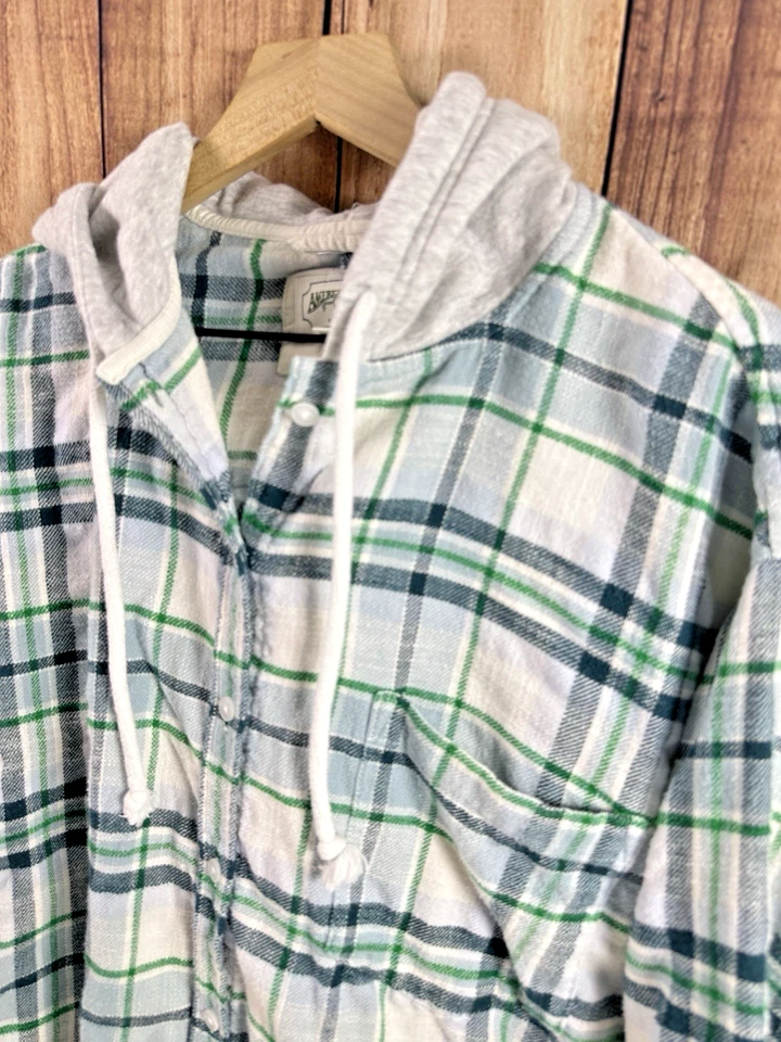 Sudadera con capucha de franela American Eagle XXL verde a cuadros con botones y capucha 2XL Foto 2 de 4