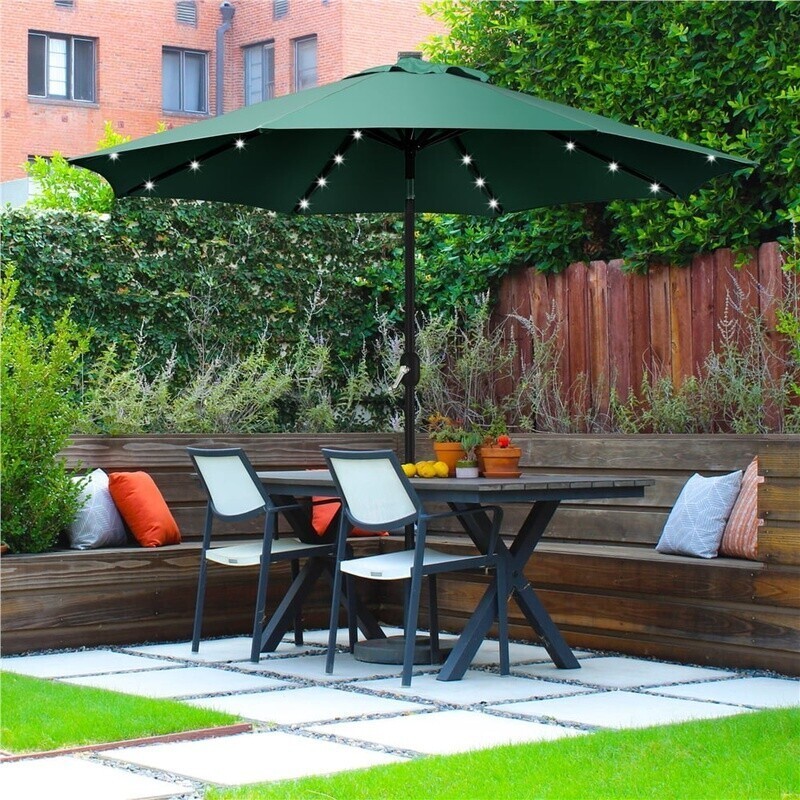 9ft Solar Lighted Market Umbrella W/ Tilt Water-Resistant Canopy 8 Rib Garden