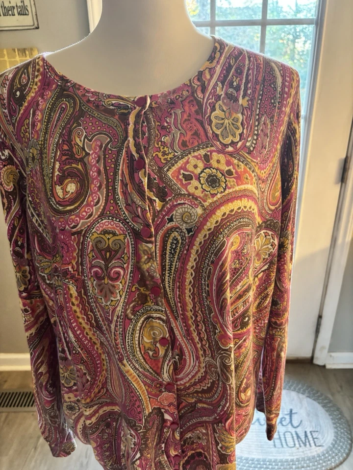 Talbots 漂亮的粉红色/白色多佩斯利轻便开衫 1X — 第 3/4 张图片