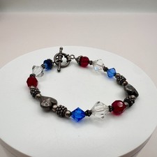 Vintage Y2K Silver Tone Heart Polycrome Glass Beaded Charms Bracelet Jewelry