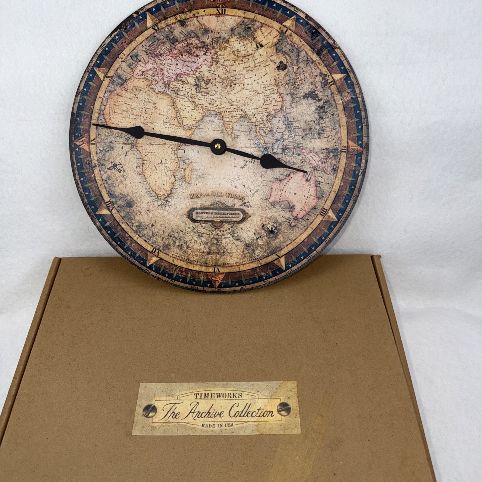 Vtg TIMEWORKS 13” Wall Clock Archive Old World Distressed Look Original Box USA