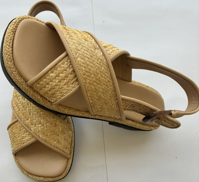 Vince Womens Woven Leather Slingback Sandals Buckle Beige/Black Size 9