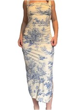 Cider Sleeveless Sheath Dress Blue White Maxi Medium Slit Peasant Ruched Small