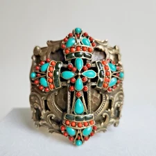 Sweet Romance Ornate Cross Cuff Bracelet Bronze Tone w/ Turquoise & Coral Accent