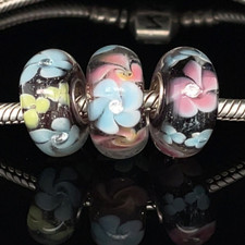 Blue & Pink Flower Murano Glass Charm Bracelet Bead Set of 3 - 925 Silver