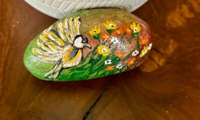 Hand Painted Rock Collectible Miniature Art ''Yellow Bird'' Garden Outdoor Decor