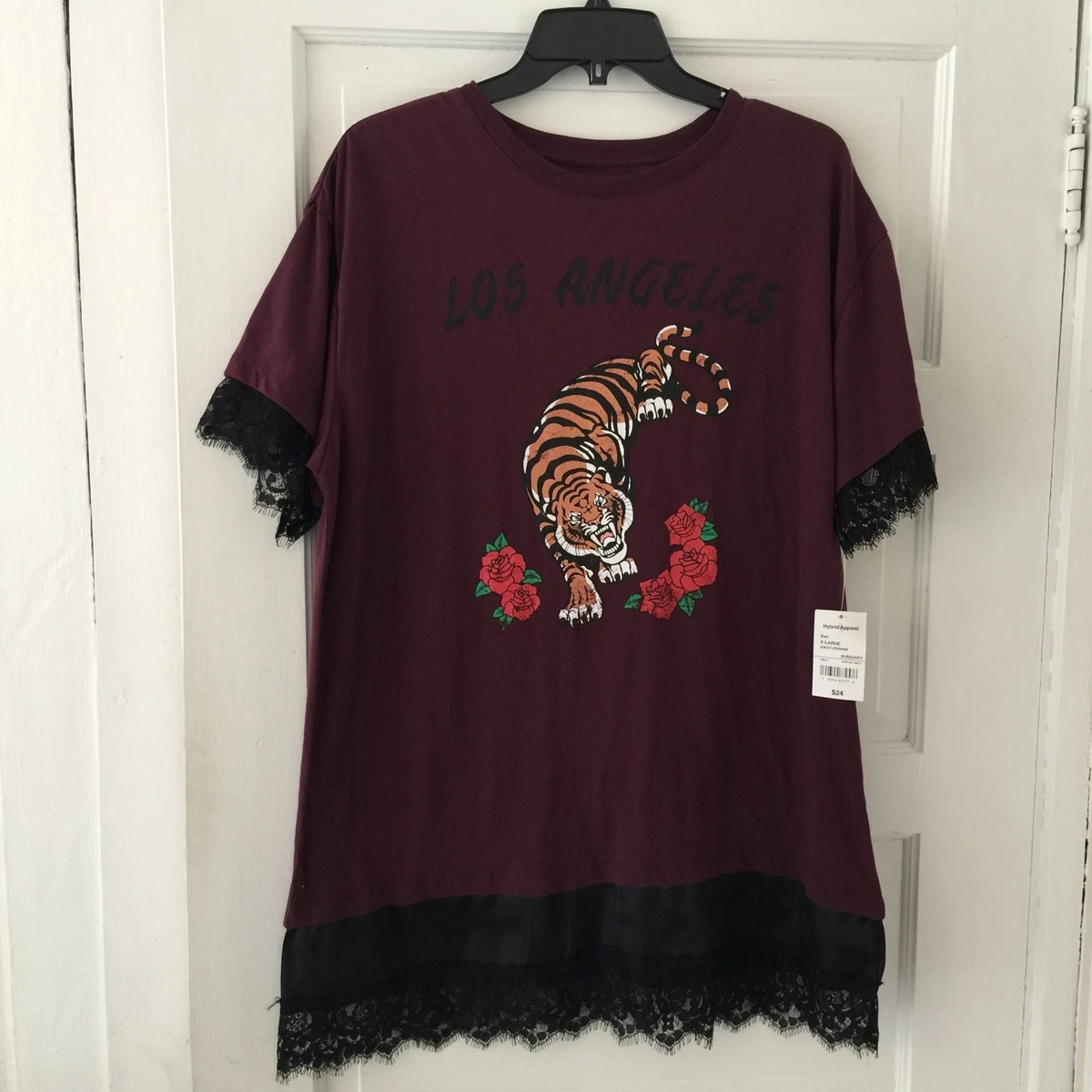 Gold Rush Women s Tunic T Shirt Los Angeles Size XL Burgundy Tiger Roses Lace