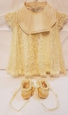 Vintage Handmade Baby Lace Dress, Slip, booties and, knitted bib
