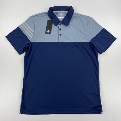Adidas Golf Mens Polo Short Sleeve Shirt Three Stripes Blue/Grey Size Medium