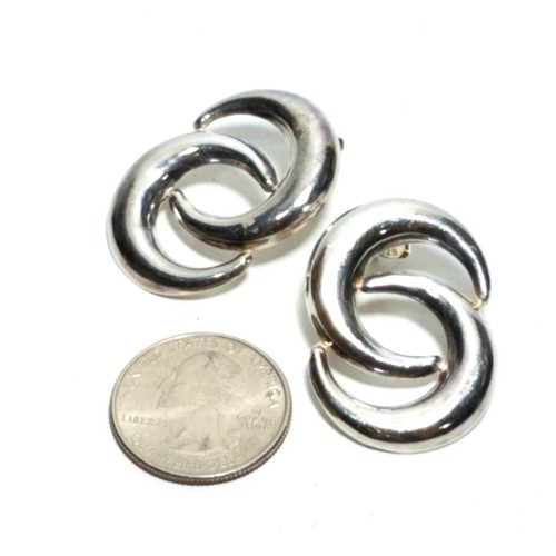 Modernist Sterling Silver Earrings Double Crescent Pierced Signed ND 925 Vintage - Picture 3 of 5