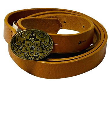 Brown Women's Leather Belt With Gold Floral Print Buckle