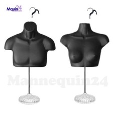 MALE  FEMALE MANNEQUIN TORSOS SET BLACK   2 STANDS  2 HANGING HOOKS