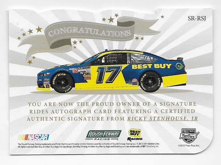 Ricky Stenhouse Jr 2013 Press Pass Signature Rides Diecut auto /10 Autograph - Image 2 of 2