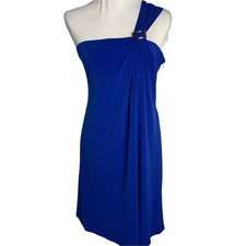 Vintage Y2K Laundry One Shoulder Mini Dress 6 Blue Stretch Knit