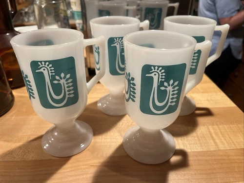 VTG MCM Set Of 4 Federal Milk Glass Pedestal Mugs Danish Turquoise Rooster
