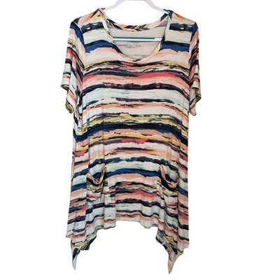 LOGO Lori Goldstein Womens 1X Sharkbite Tunic Top Abstract Stripe Short Sleeve