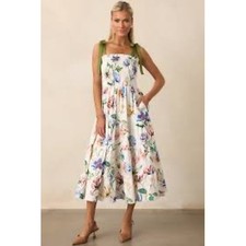 Prosperina Floral Smocked Midi Dress XS White Poppy Tiered Tie Strap Pockets