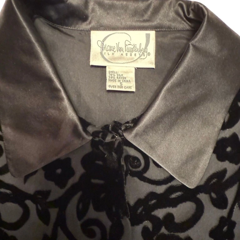 复古 Diane Von Furstenberg 真丝资产黑色丝绸天鹅绒衬衫 S 码 — 第 3/4 张图片