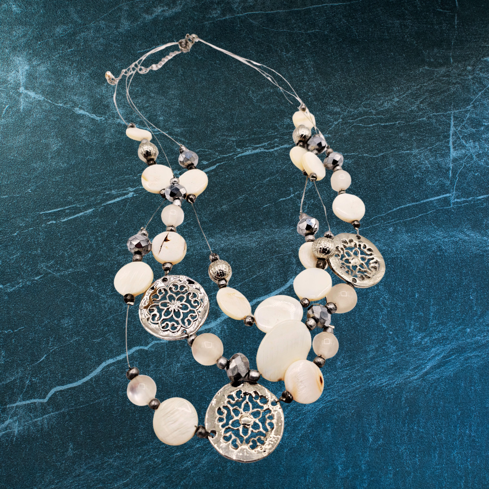 Multi Strand Shell Beaded Statement Necklace Silv… - image 8