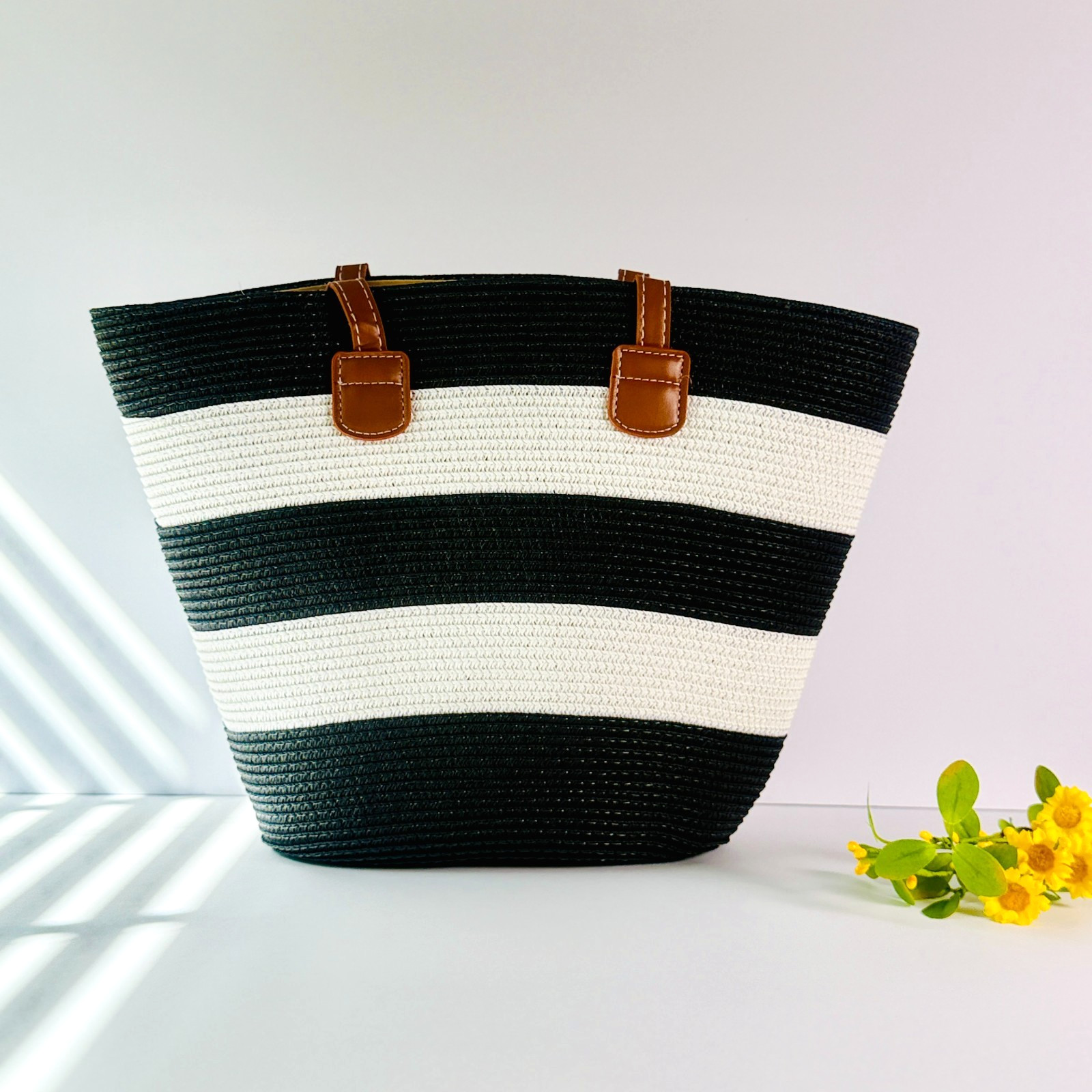 Straw Tote Bag Striped Summer Beach Shoulder Handbag for Women