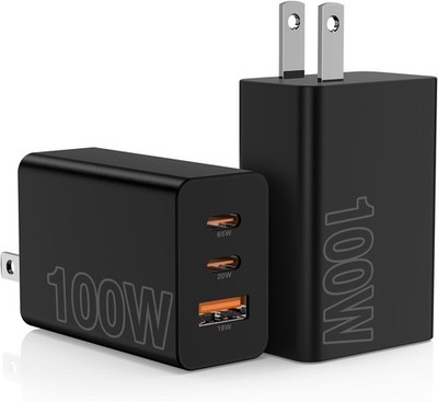 Compact 2-Pack 100W USB C Charging Block - Three Port Super Fast Power Adapter