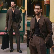 Men's Brown Double Breasted Peak Lapel Groom Prom Tuxedo Wedding Suit