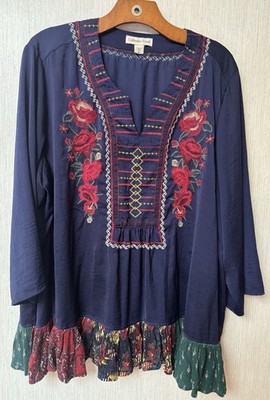 Coldwater Creek Women's Navy Floral Rose Embroidered Top 2x Boho