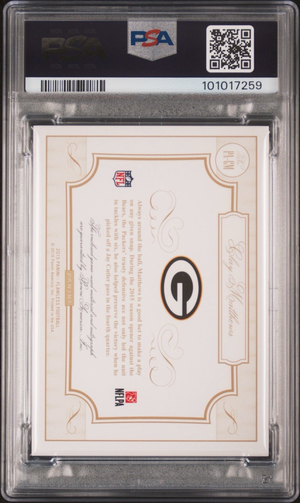 2015 Panini Flawless Platinum 1/1 Clay Matthews Patch Auto On Card PSA 9  1/1!! view 2
