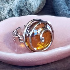 Handcrafted Edgy Translucent Amber Silver Spiral Luster Glass Bauble Ring