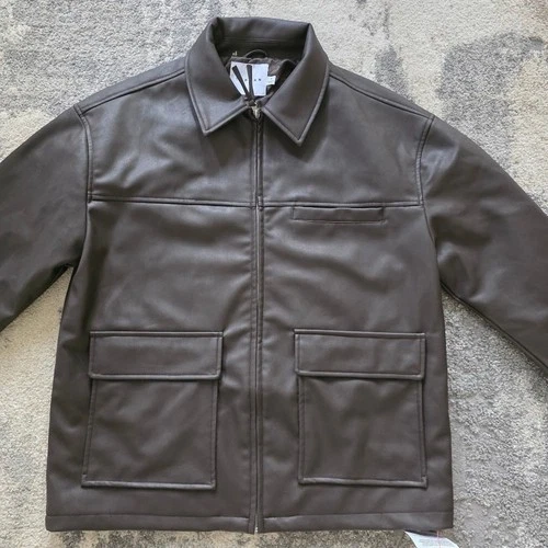 Topman Mens Dark Brown Faux Vegan Leather Trucker Jacket Size S Quilted Lined image 9