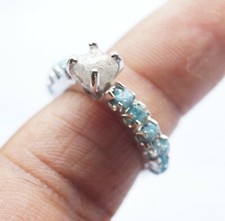 3.60cts Natural Blue/White Rough Raw Diamond Wedding Ring, Sterling Silver Ring